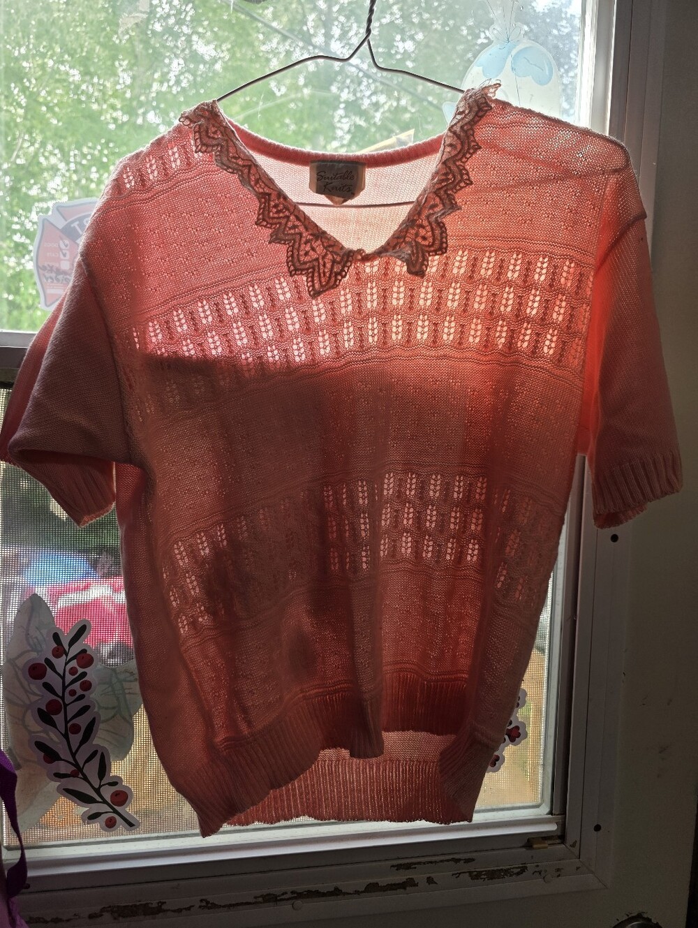 Vintage Suitable Knits Coral Knit Short Sleeve V-Neck Sweater with Lace Trim